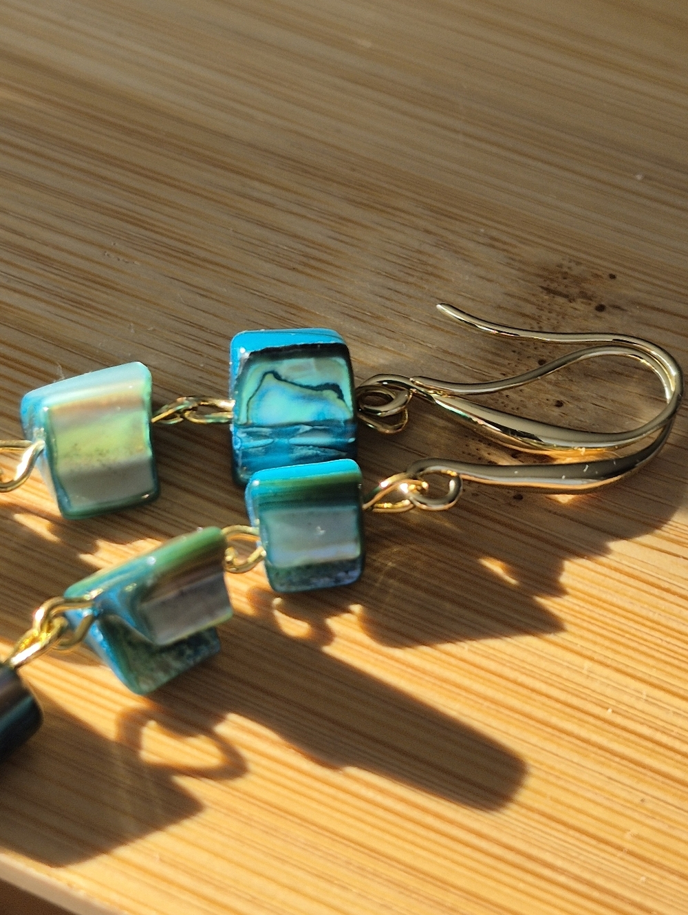 18k Gold Plated Turquoise Abalone Mother Of Pearl Drop Earrings - Picture 3 of 11